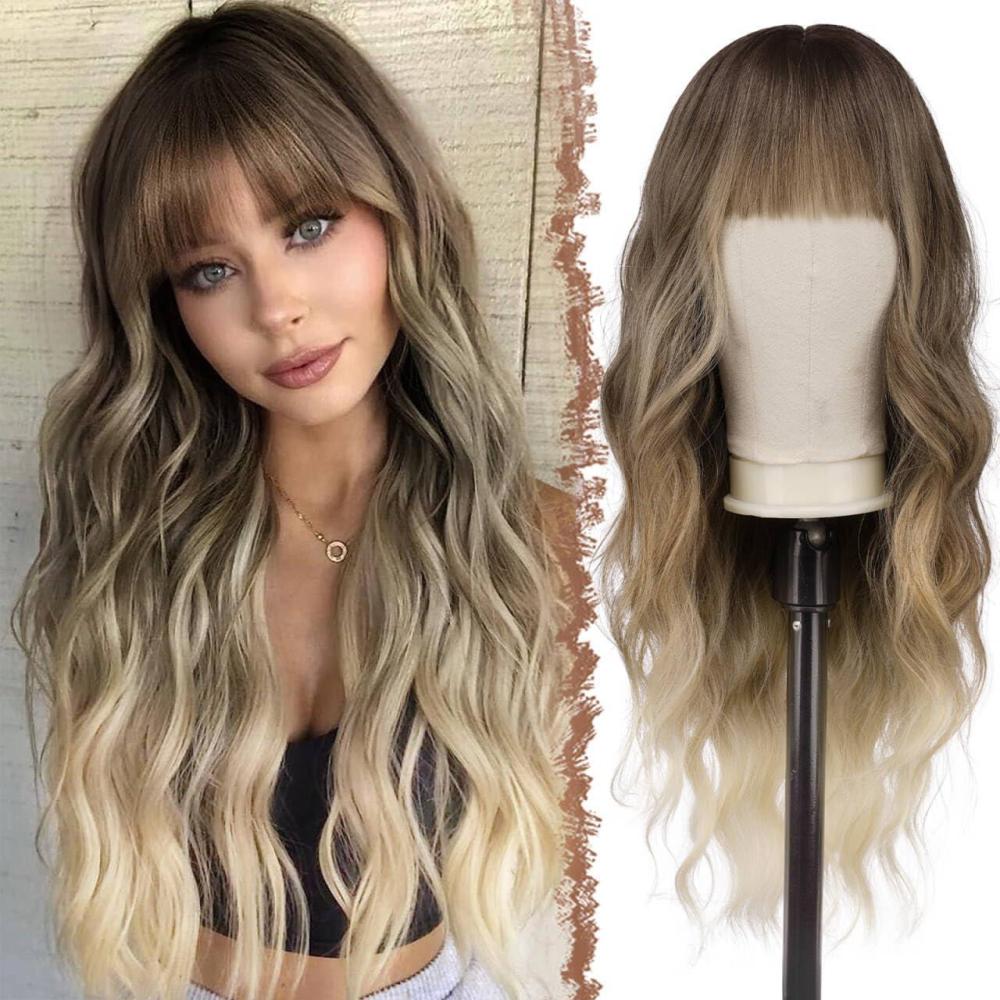 image:imageFESHFEN Perruque Noir Ondule avec Frange Perruques Femme Naturelle Longue Boucle Rsistantes  la Chaleur Synthtiques Perruque Cheveux pour Fte Quotidienne 65 cmblond ombr mixte brun