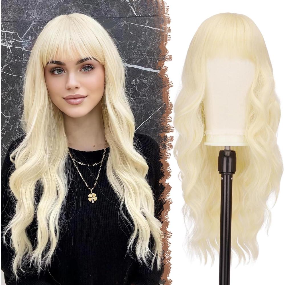 image:imageFESHFEN Perruque Noir Ondule avec Frange Perruques Femme Naturelle Longue Boucle Rsistantes  la Chaleur Synthtiques Perruque Cheveux pour Fte Quotidienne 65 cmblond
