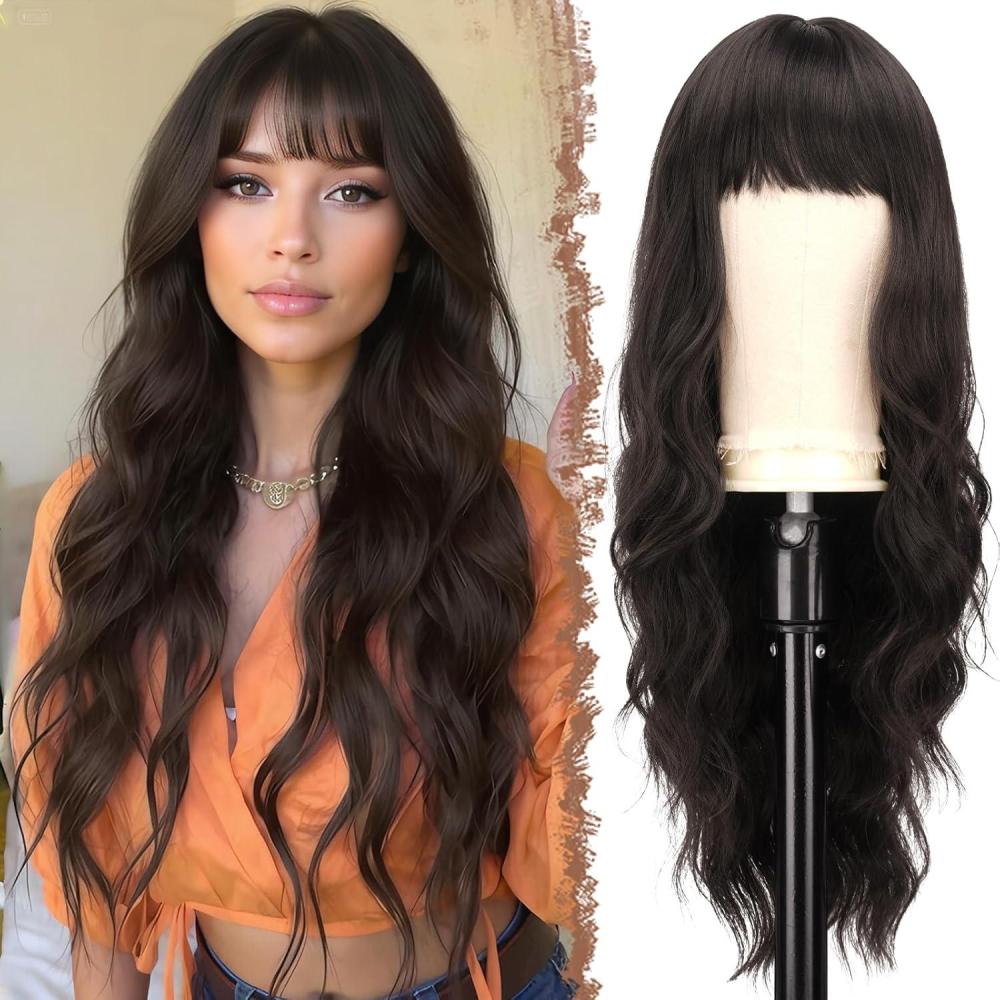 image:imageFESHFEN Perruque Noir Ondule avec Frange Perruques Femme Naturelle Longue Boucle Rsistantes  la Chaleur Synthtiques Perruque Cheveux pour Fte Quotidienne 65 cm6Brun Fonc