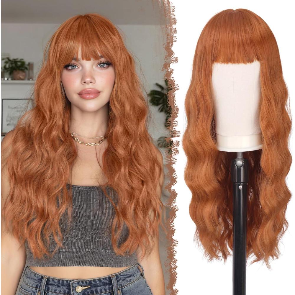 image:imageFESHFEN Perruque Noir Ondule avec Frange Perruques Femme Naturelle Longue Boucle Rsistantes la Chaleur Synthtiques Perruque Cheveux pour Fte Quotidienne 65 cmorange
