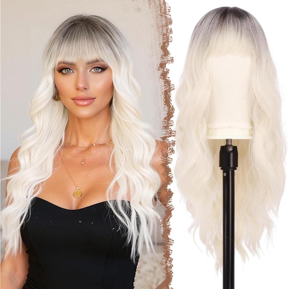 image:imageFESHFEN Perruque Noir Ondule avec Frange Perruques Femme Naturelle Longue Boucle Rsistantes  la Chaleur Synthtiques Perruque Cheveux pour Fte Quotidienne 65 cmblond ombr