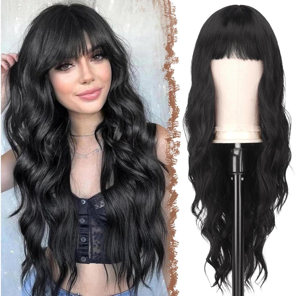 image:imageFESHFEN Perruque Noir Ondule avec Frange Perruques Femme Naturelle Longue Boucle Rsistantes la Chaleur Synthtiques Perruque Cheveux pour Fte Quotidienne 65 cmnoir