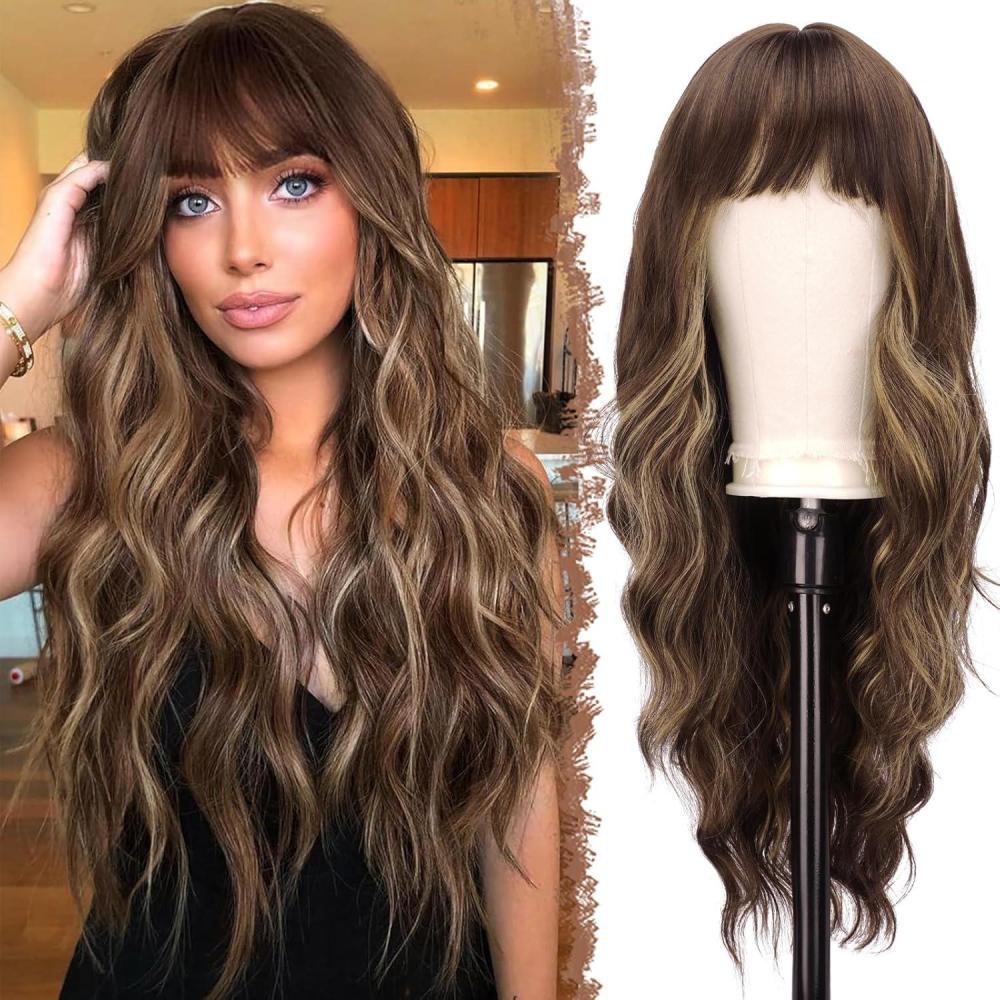 image:imageFESHFEN Perruque Noir Ondule avec Frange Perruques Femme Naturelle Longue Boucle Rsistantes  la Chaleur Synthtiques Perruque Cheveux pour Fte Quotidienne 65 cmbrun mixte blond
