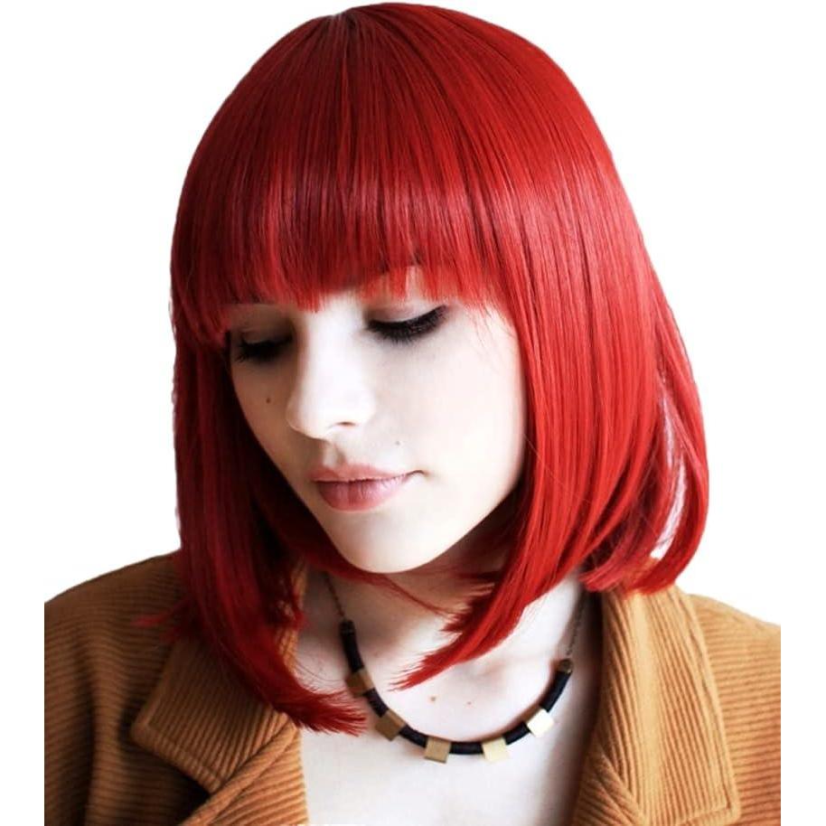 image:imagePrettyland Perruque Moyenne naturels Carr Bob Frange Raide Wig Cheveux Courte Brun fonc Noir Cloptre C932Rouge