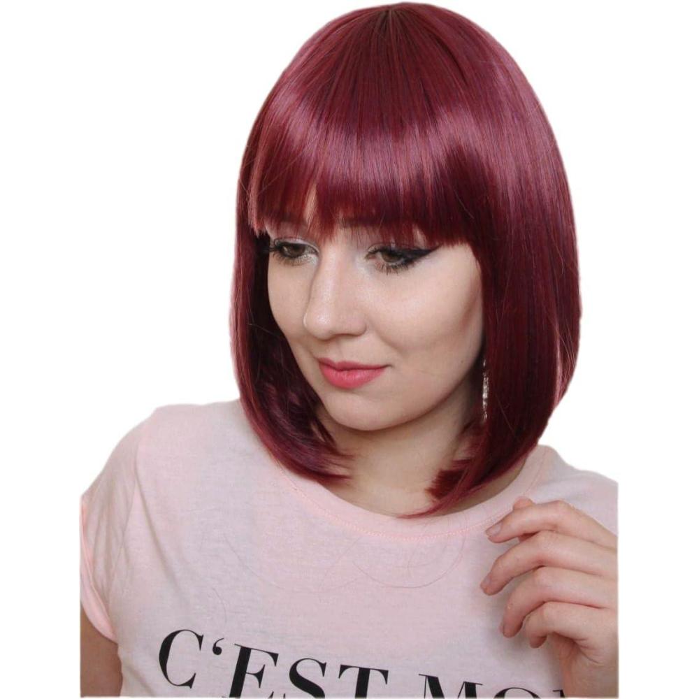 image:imagePrettyland Perruque Moyenne naturels Carr Bob Frange Raide Wig Cheveux Courte Brun fonc Noir Cloptre C932Rouge Prune C2436