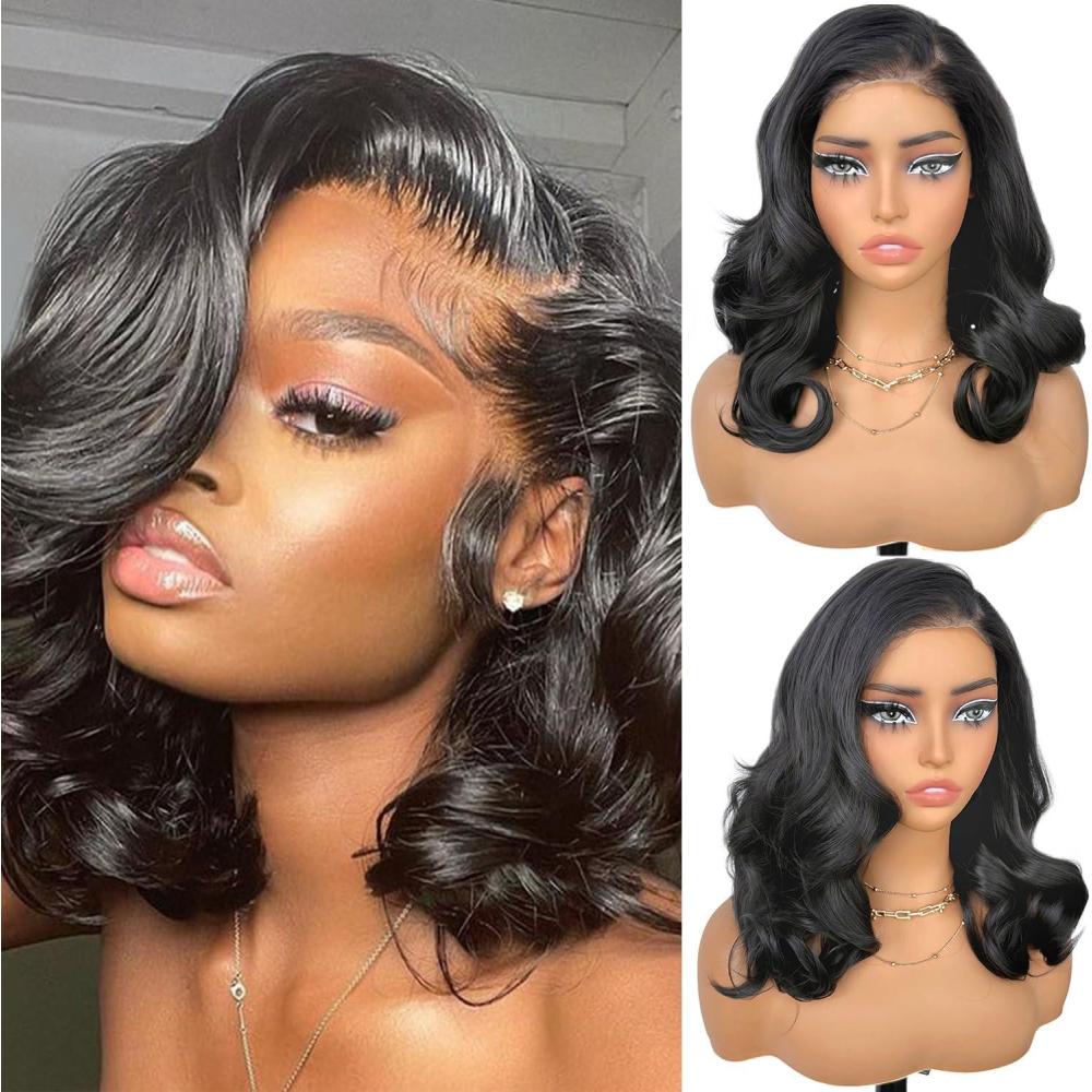 image:imageSOKU 13x6 Lace Front Courtes Loose Wave Synthtique HD Dentelle Perruque Partie Libre 45cm Longueur paule Naturel Noir PrPlum Sans Colle Perruques Boucle Pour FemmesNoir naturel1B