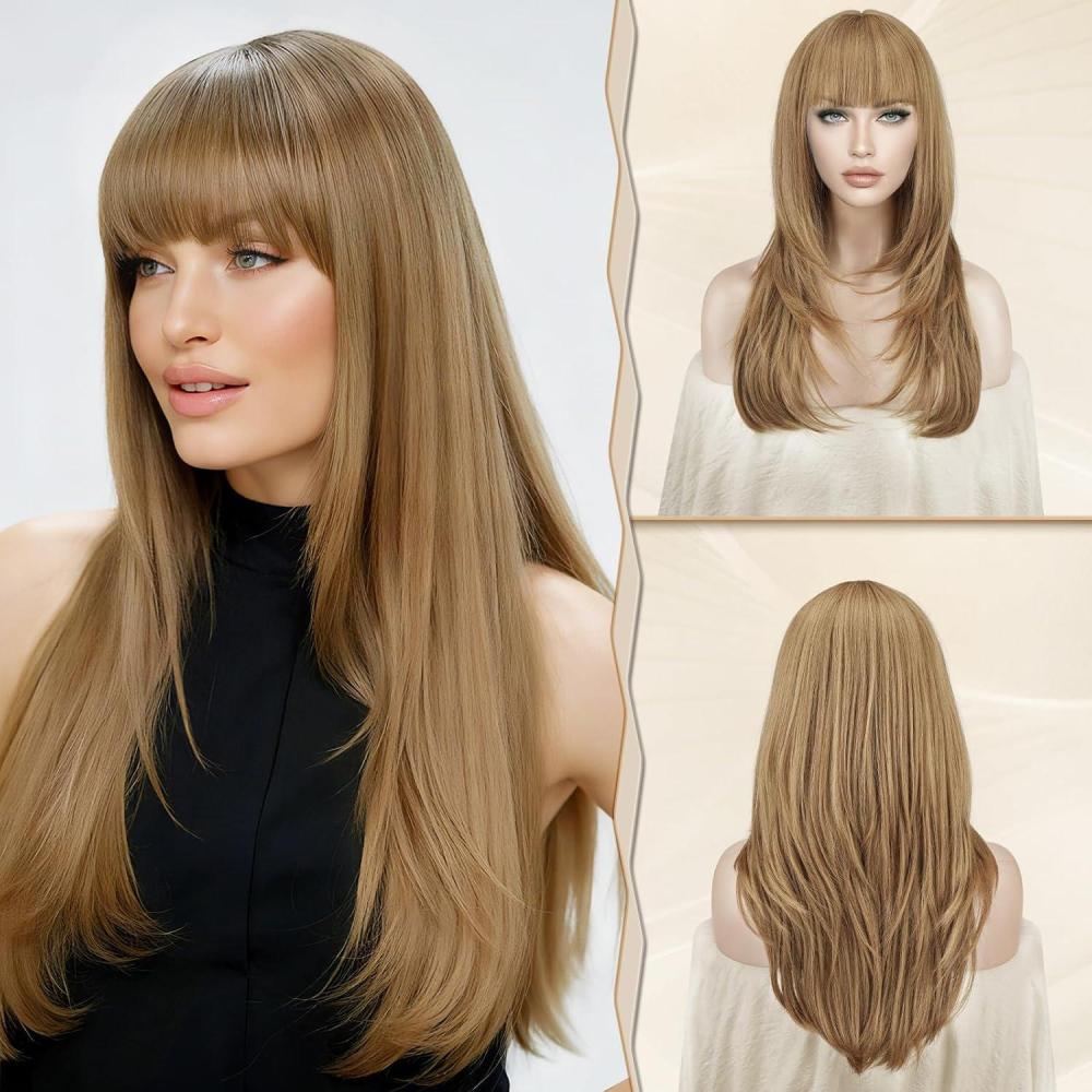 image:imageSofeiyan Perruque Longue Dgrad avec Franges pour Femmes 60cm Noir Lisses et Onduls Cheveux Synthtiques Rsistantes la Chaleur Racines Fonces Vague Perruques Naturelle Droitepour HalloweenNolBlond Cendr