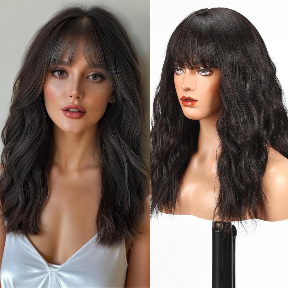 image:imageWOKESTAR Perruque longue avec frange perruques ondules synthtiques pour femmes couleur noir naturelNoir naturel