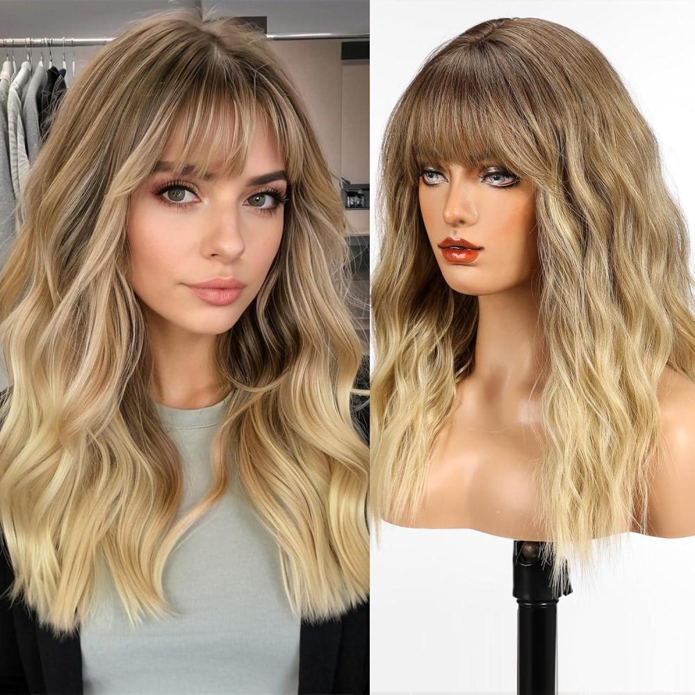 image:imageWOKESTAR Perruque longue avec frange perruques ondules synthtiques pour femmes couleur noir naturelOmbre brun  blond