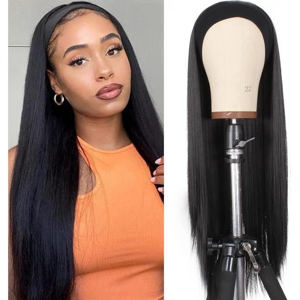 image:imageXtrend 24 Pouces Bandeau Perruque Longue Droite Noir Aucun Lace Front Perruque Sans Colle Bandeau Perruques Aspect Naturel Perruque pour Femmes Usage Quotidien 1B