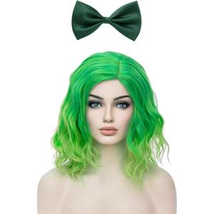 1 Perruque Verte Avec 1 Noeud Papillon, Les Faux Cheveux Bouclés Pour Femmes, La Perruque À La Mode Et Personnalisée, Accessoires De Vêtements De Rôle.