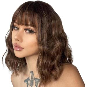 14 Pouce Perruque Brune Ondulée avec Frange, Naturelle Synthétique pour le Port Quotidien de Cosplay Party (Brun)(Brun)