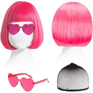 3 Pièces Perruque Femmes, Perruque Cabaret, Mi-Longue, Perruque Bob Wig Cabaret, Cheveux Synthétiques avec Bonnet et Lunettes de Soleil, Fête à Thème, Carnaval, Soirée Déguisée, Costume(Rose)