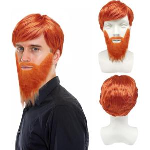 2Pcs Perruque Homme avec Fausse Barbe Ginger Wig Boyband Perruque Déguisement Perruque Orange Perruque Homme Punk Rock Perruque Années 80 Accessoires de Costume pour Fête Carnaval(Orange)(Orange)