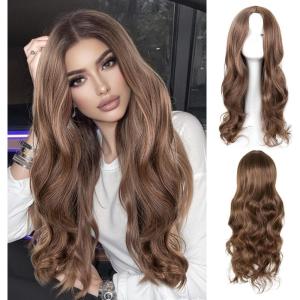 27&Prime;/70cm Longue Perruque Ondulée Ombre Brune pour Femmes, Longue Bouclés Perruque de Cheveux, Longs Cheveux Synthétiques Bouclés Perruques pour Cosplay Tenue Quotidienne