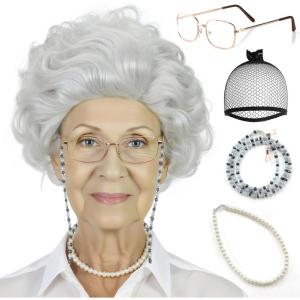 (1 paire de lunettes + 1 chaîne de lunettes + 1 collier + 1 bonnet à cheveux) Ensemble de costume de vieille femme courte grise perruque grand-mère cosplay 100 jours d&rsquo;école costume Halloween(Gris)