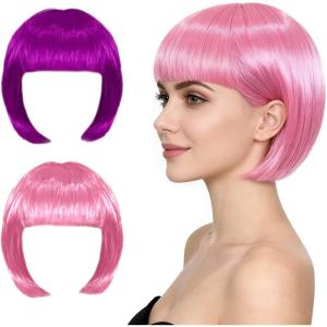 2 PièCes Rose Violet Perruque Femme, 25 Cm Perruques Bob Avec Frange De FêTe RéSistante à La Chaleur Perruque SynthéTique Droite Perruques Cosplay Pour Le Carnaval, Motto-Party