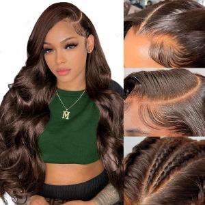 13 x 6 Perruque en cheveux humains marron chocolat 66 cm HD Transparent Lace Frontal Wigs Body Wave pré-bouclée sans colle Densité 150(13X6 Lace Front Body Wave 4#)