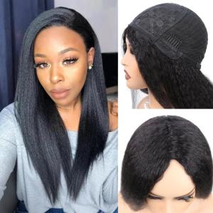 12 Pouces Perruque Cheveux Humain Sans Colle Yaki Straight Glueless Wig Human Hair Kinky Straight Wear and Go Perruque Femme Naturelle Brésilien Bouclée 180% Density Couleur Naturelle(Natural Black)