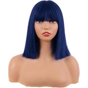 MapofBeauty 12 Pouces/30 cm Droit Bob Avec Flat Frange Court Coloré Synthétique Cheveux Cosplay Fête Perruque (Léger Blond)(Midnight Bleu)