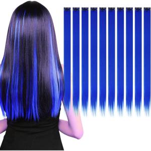 10 Brins Extensions de Cheveux ColoréS, Longues SynthéTiques RéSistants Extension Cheveux Naturel Adhesif Postiches Raides Naturel Fille Extensions Capillaires et Enfants(Crystal blue)