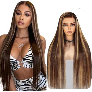 13×4 Swiss Lace Front Human Hair Wig Cheveux Humain Glueless Wig Unprocessed Brazilian Virgin Human Hair Straight P427 Highlight Brown Pre Plucked With Natural Hairline 20 Inch(13X4 P427 Highlight Brown Straight Wig)