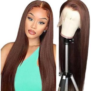 13×4 Swiss Lace Front Human Hair Wig Cheveux Humain Glueless Wig Unprocessed Brazilian Virgin Human Hair Straight P427 Highlight Brown Pre Plucked With Natural Hairline 20 Inch(13×6 #4 Chocolate Brown Straight Wig)