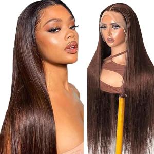 13×4 Swiss Lace Front Human Hair Wig Cheveux Humain Glueless Wig Unprocessed Brazilian Virgin Human Hair Straight P427 Highlight Brown Pre Plucked With Natural Hairline 20 Inch(13X4 #4 Chocolate Brown Straight Wig)