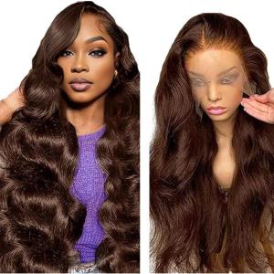 13×4 Swiss Lace Front Human Hair Wig Cheveux Humain Glueless Wig Unprocessed Brazilian Virgin Human Hair Straight P427 Highlight Brown Pre Plucked With Natural Hairline 20 Inch(13X4 #4 Chocolate Brown Body Wave Wig)
