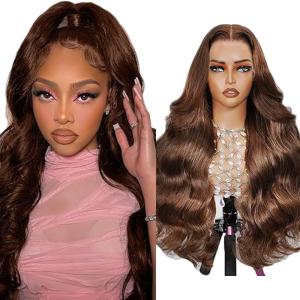 13×4 Swiss Lace Front Human Hair Wig Cheveux Humain Glueless Wig Unprocessed Brazilian Virgin Human Hair Straight P427 Highlight Brown Pre Plucked With Natural Hairline 20 Inch(13×6 #4 Chocolate Brown Body Wave Wig)