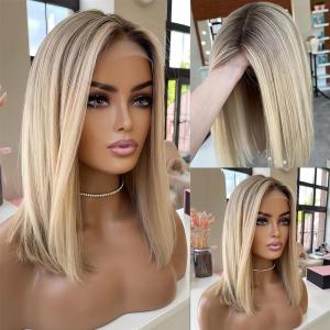 Bob perruque cheveux humains 180 densité épaisses perruques courtes de Bob pour les femmes noires cheveux humains 12Inch pleine Machine rendue facile d’aller perruques courtes pour les femmes(Ombre blond)