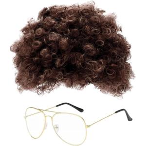 2 Pièces Perruque Bouclée pour Adultes, Perruque Afro Marron et Lunettes, Costume de Perruque, Perruque pour Le Carnaval, Halloween et JGA, Accessoires pour Les Costumes de Carnaval(Marron)