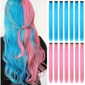 16pcs Extensions à Clip Couleur, Mèches Colorées Postiches Raides et Longues Synthétiques Résistants à La Chaleur – Accessoires Cheveux Fille (22 Pouces, Violet)(Rose  bleu ciel)