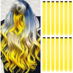 16pcs Extensions à Clip Couleur, Mèches Colorées Postiches Raides et Longues Synthétiques Résistants à La Chaleur – Accessoires Cheveux Fille (22 Pouces, Violet)(Jaune)