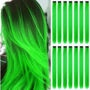 16pcs Extensions à Clip Couleur, Mèches Colorées Postiches Raides et Longues Synthétiques Résistants à La Chaleur – Accessoires Cheveux Fille (22 Pouces, Violet)(Vert)