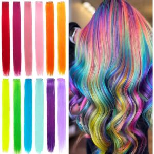 16pcs Extensions à Clip Couleur, Mèches Colorées Postiches Raides et Longues Synthétiques Résistants à La Chaleur – Accessoires Cheveux Fille (22 Pouces, Violet)(12PCS Couleurs)