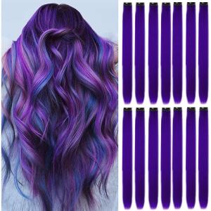 16pcs Extensions à Clip Couleur, Mèches Colorées Postiches Raides et Longues Synthétiques Résistants à La Chaleur – Accessoires Cheveux Fille (22 Pouces, Violet)(Violet)