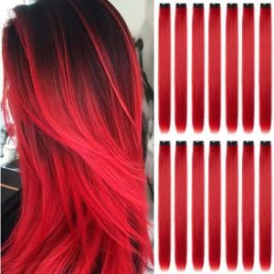 16pcs Extensions à Clip Couleur, Mèches Colorées Postiches Raides et Longues Synthétiques Résistants à La Chaleur – Accessoires Cheveux Fille (22 Pouces, Violet)(Rouge)