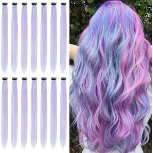 16pcs Extensions à Clip Couleur, Mèches Colorées Postiches Raides et Longues Synthétiques Résistants à La Chaleur – Accessoires Cheveux Fille (22 Pouces, Violet)(14pcs violet mixte)