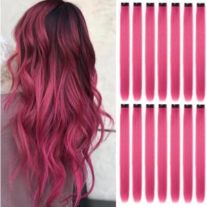 16pcs Extensions à Clip Couleur, Mèches Colorées Postiches Raides et Longues Synthétiques Résistants à La Chaleur – Accessoires Cheveux Fille (22 Pouces, Violet)(rose)