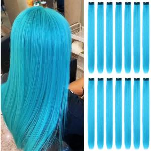 16pcs Extensions à Clip Couleur, Mèches Colorées Postiches Raides et Longues Synthétiques Résistants à La Chaleur – Accessoires Cheveux Fille (22 Pouces, Violet)(Bleu ciel)