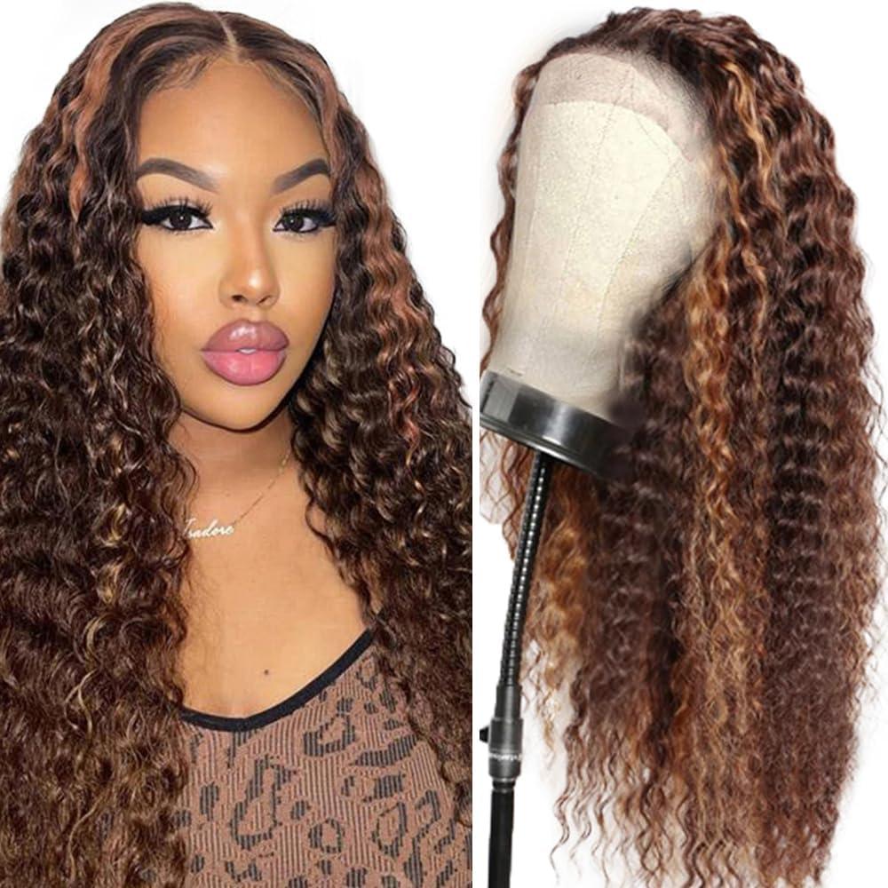 image:imageHuman Hair Wig Water Wave Perruque Cheveux Humain 5X5 Lace Front Perruque Femme Naturelle Brsilien 4 Chocolate 100 Unprocessed Brazilian Virgin Hair Glueless Wear and Go 34 Pouce13X4 P430 Curly Wave