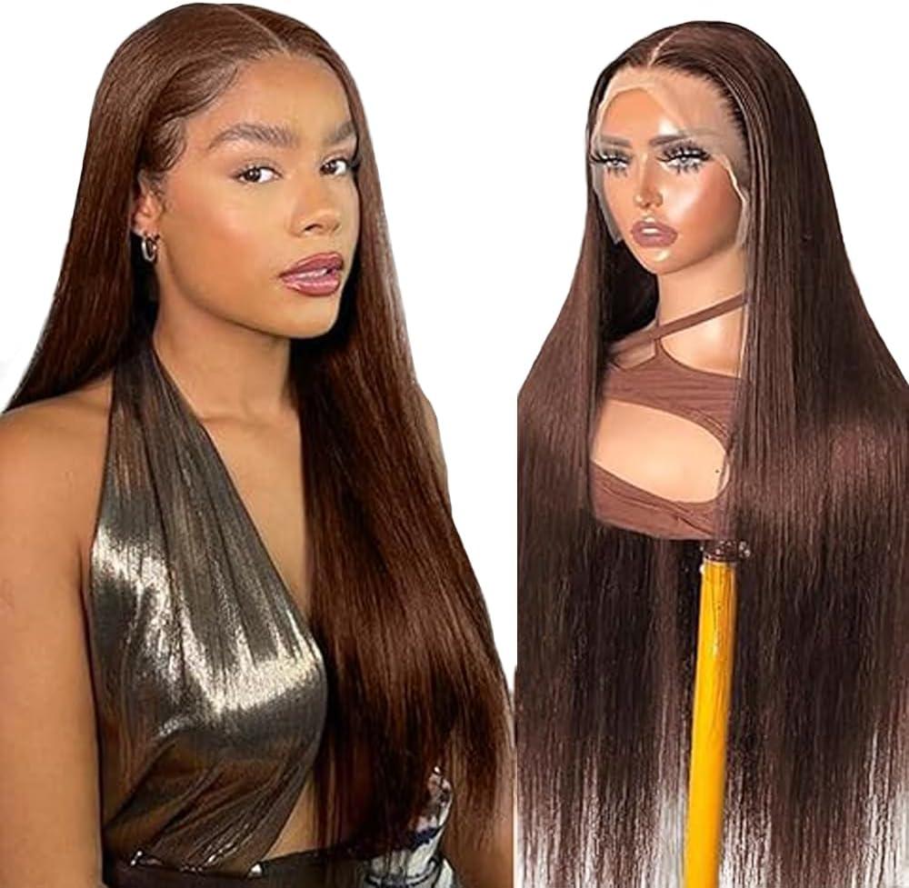 image:imageHuman Hair Wig Water Wave Perruque Cheveux Humain 5X5 Lace Front Perruque Femme Naturelle Brsilien 4 Chocolate 100 Unprocessed Brazilian Virgin Hair Glueless Wear and Go 34 Pouce13X4 4 Straight Wave