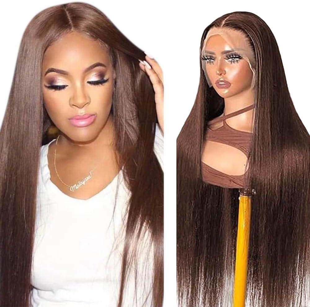 image:imageHuman Hair Wig Water Wave Perruque Cheveux Humain 5X5 Lace Front Perruque Femme Naturelle Brsilien 4 Chocolate 100 Unprocessed Brazilian Virgin Hair Glueless Wear and Go 34 Pouce13X4 4 Straight Wave