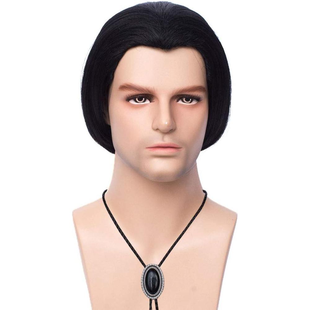 image:imageFVCENT Perruque courte droite noire de Vincent Vega de Pulp Fiction perruques avec 1 cravate Bolo perruque courte droite noire pour homme Costume Halloween