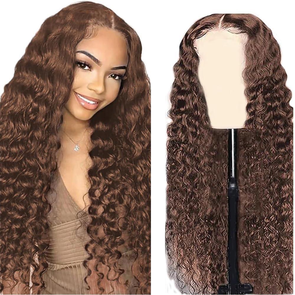 image:imageHuman Hair Wig Water Wave Perruque Cheveux Humain 5X5 Lace Front Perruque Femme Naturelle Brsilien 4 Chocolate 100 Unprocessed Brazilian Virgin Hair Glueless Wear and Go 34 Pouce13X4 4 Deep Wave Human Hair Wig