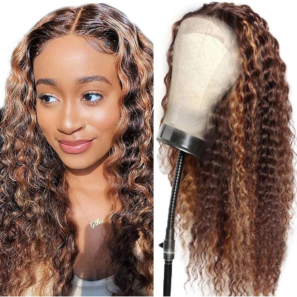 image:imageHuman Hair Wig Water Wave Perruque Cheveux Humain 5X5 Lace Front Perruque Femme Naturelle Brsilien 4 Chocolate 100 Unprocessed Brazilian Virgin Hair Glueless Wear and Go 34 Pouce13X4 P430 Curly Wave