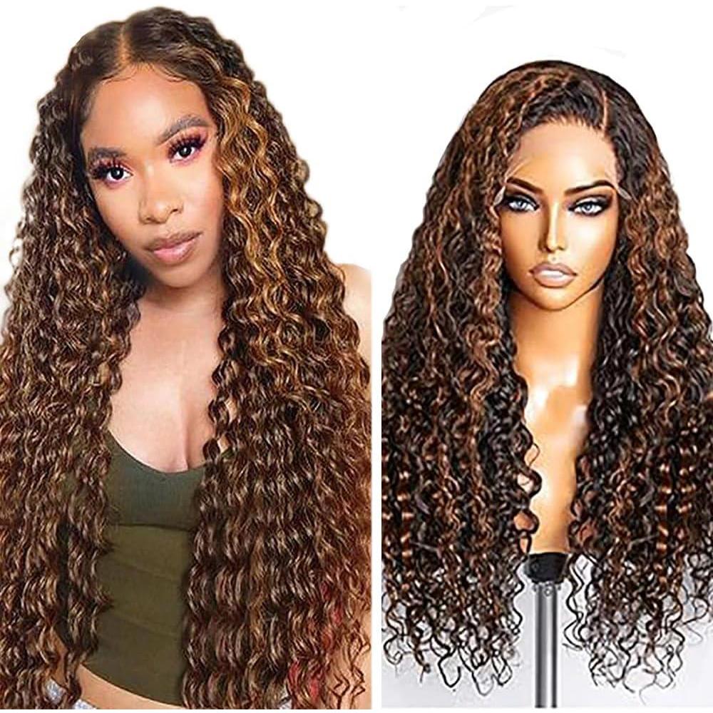 image:imageHuman Hair Wig Water Wave Perruque Cheveux Humain 5X5 Lace Front Perruque Femme Naturelle Brsilien 4 Chocolate 100 Unprocessed Brazilian Virgin Hair Glueless Wear and Go 34 Pouce13X4 P1B30 Curly Wave