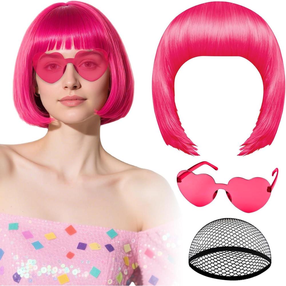 image:imagePerruque noire avec lunettes de soleil en forme de cur et bonnet pour femme perruque courte au carr PLULON postiche synthtique color dguisement denterrement de vie de jeune fille HalloweenRose vif