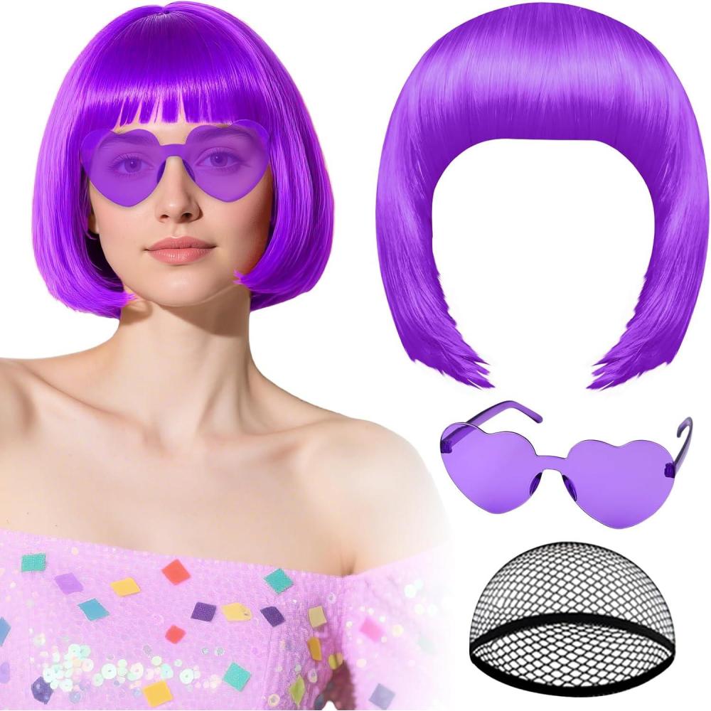 image:imagePerruque noire avec lunettes de soleil en forme de cur et bonnet pour femme perruque courte au carr PLULON postiche synthtique color dguisement denterrement de vie de jeune fille HalloweenViolet
